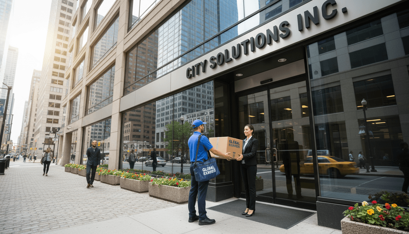 Courier handing a package to a recipient at a business door