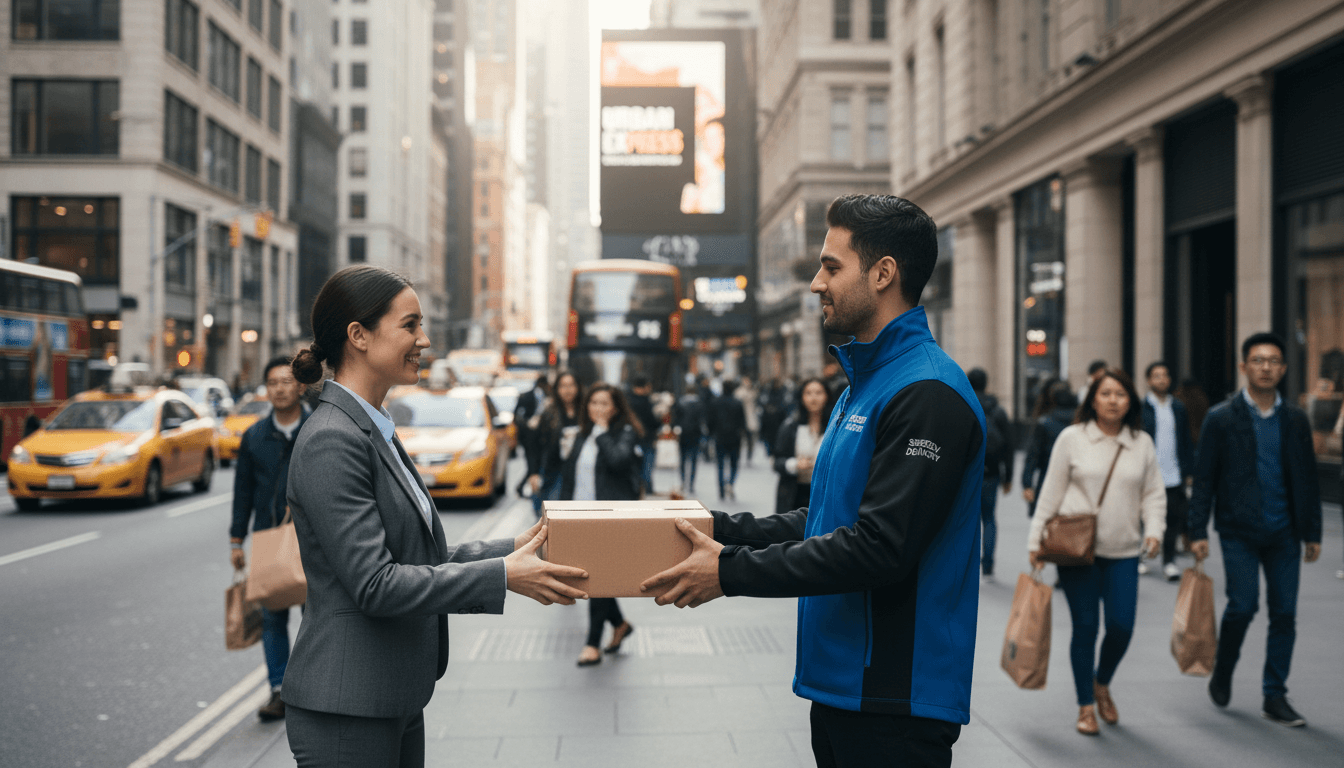 Courier handing a package to a customer on a Toronto street