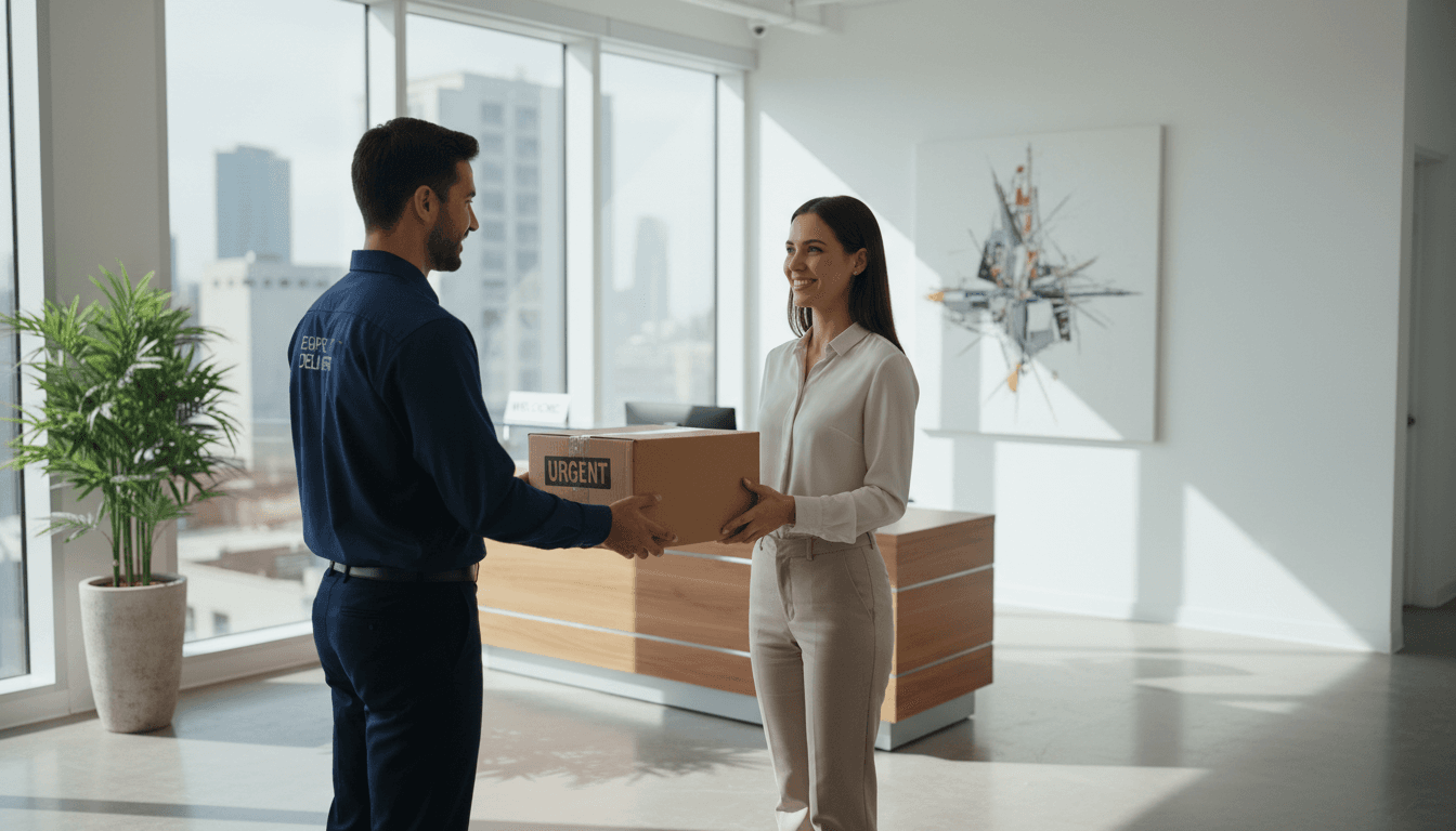 Courier handing a package to a customer