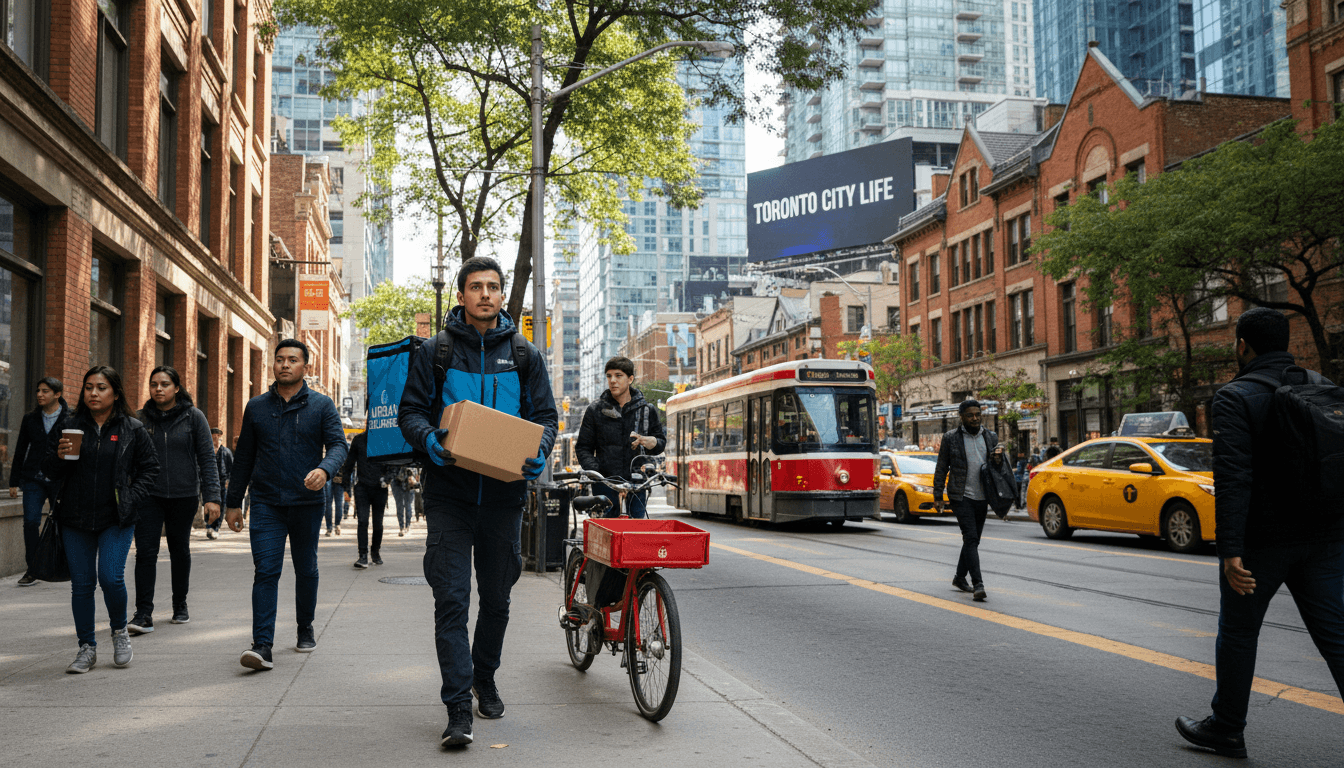 Toronto city street with a delivery courier