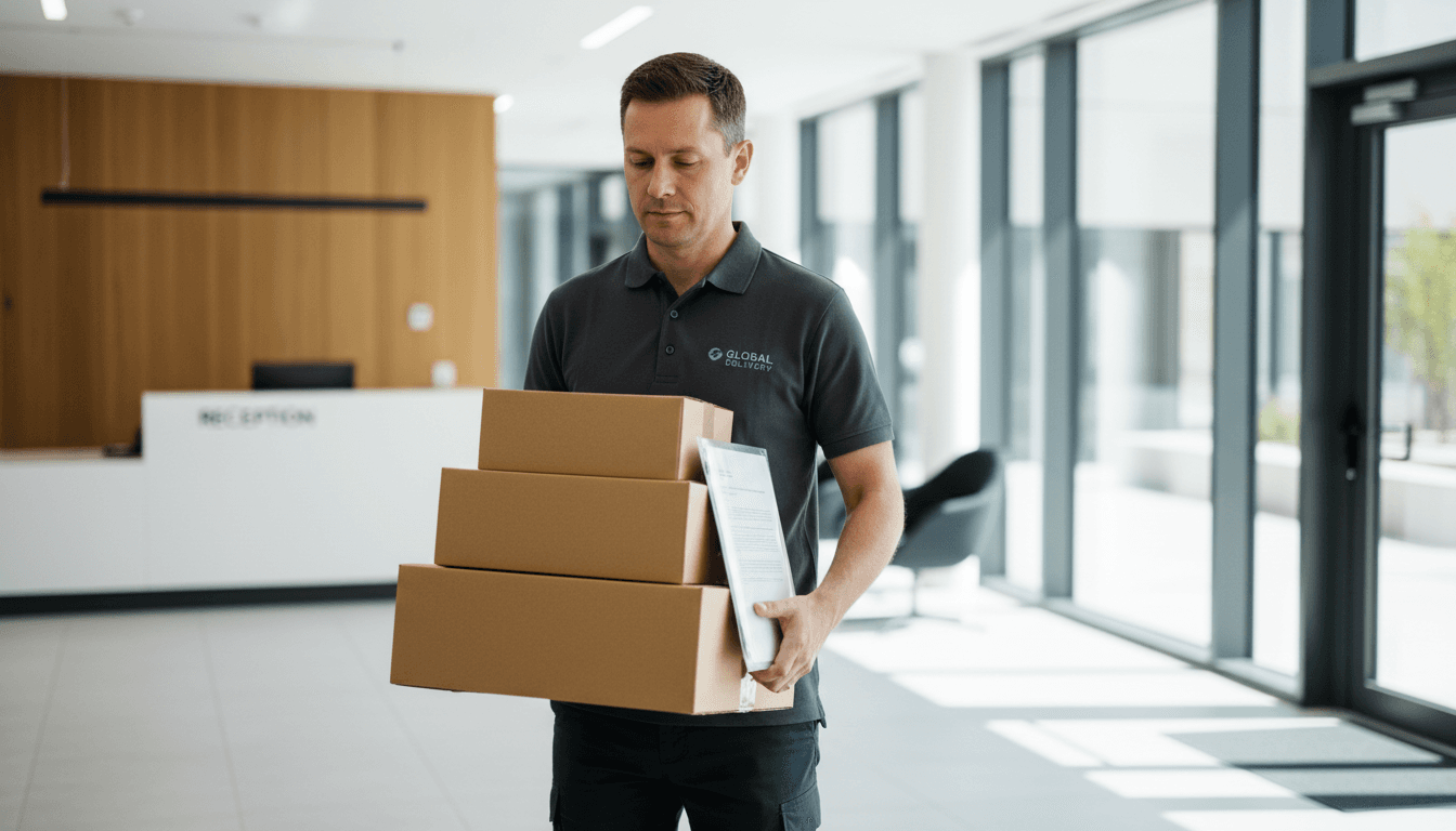 Courier handing a package to a customer at a business entrance