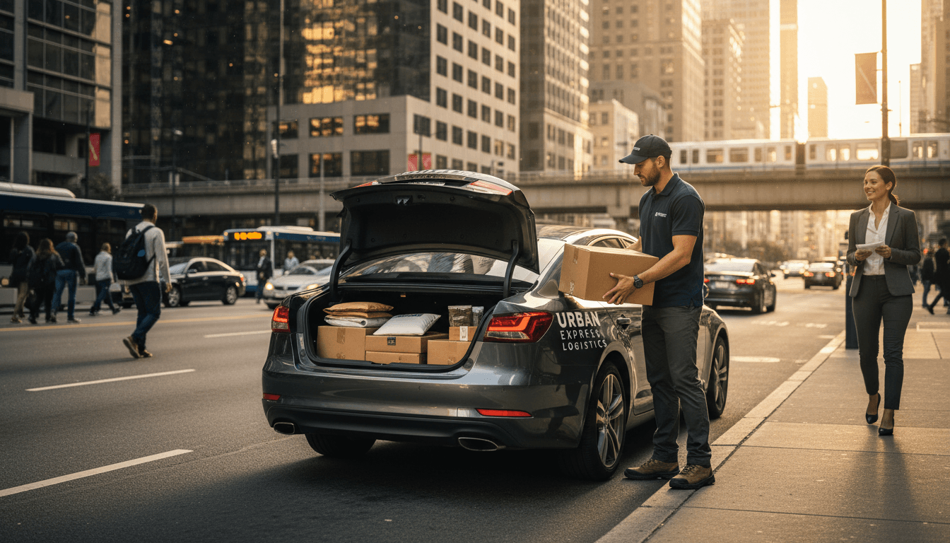 Courier handing a small box to a customer on a downtown street