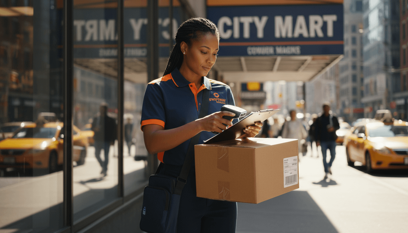 Courier handing a package to a business owner at a storefront in daylight