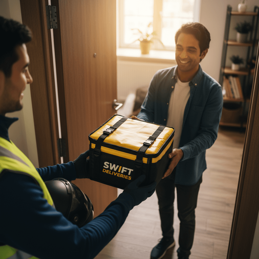 Courier handing a package to a customer at their door